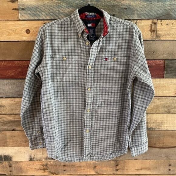 Tommy Hilfiger Gray Plaid Button Down‎ Size Large - Picture 1 of 6